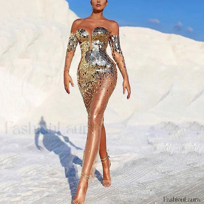 Elegant Party For Women 2024 Sexy Mesh See Through Deep V Neck Evening Prom Dress