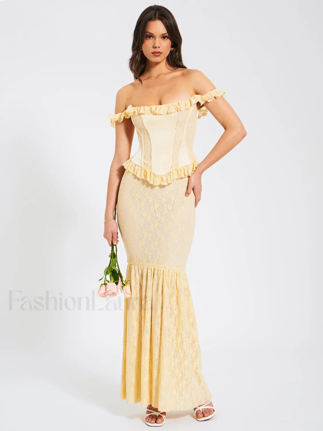 Ersilia Pale Yellow Satin Lace Trendy Peplum Corset Off Shoulder Maxi Dress