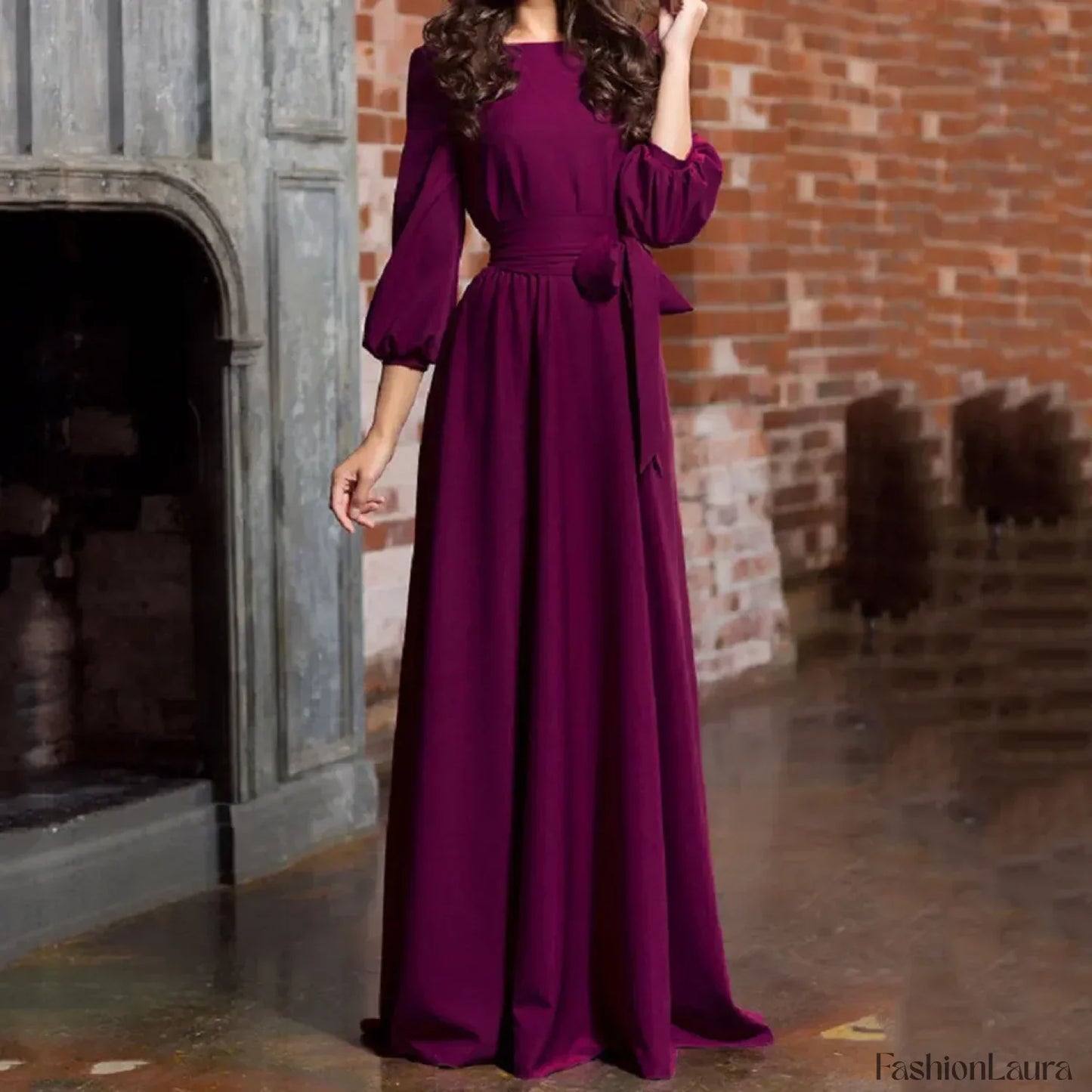 For Women 2024 Long Sleeve Crew Neck Solid Color Lantern Sleeve With Belt Formal Elegant Prom Dress