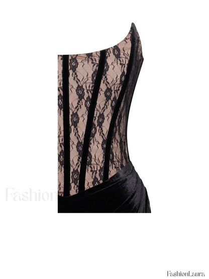 Gaia Black Lace Velvet Graceful Corset Side Slit Dress