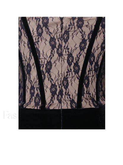 Gaia Black Lace Velvet Graceful Corset Side Slit Dress