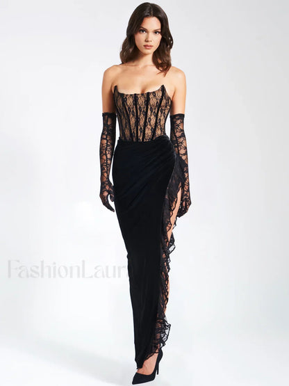 Gaia Black Lace Velvet Graceful Corset Side Slit Dress