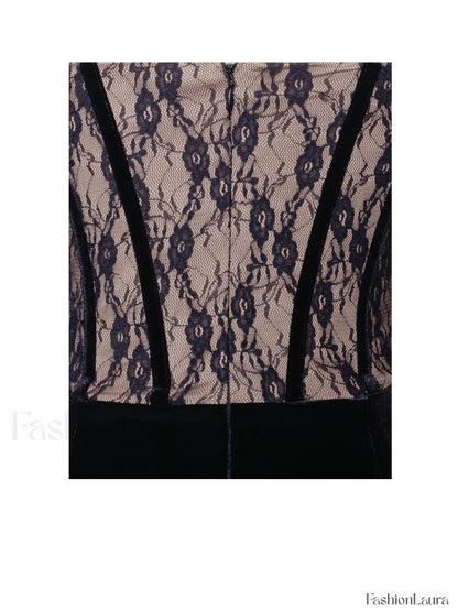 Gaia Black Lace Velvet Graceful Corset Side Slit Dress