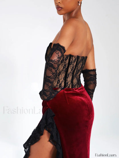 Gaia Burgundy Lace Velvet Graceful Corset Side Slit Dress