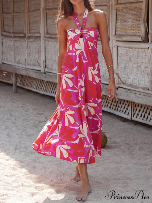 Halterneck Print Berry Charming Lotus Midi dress