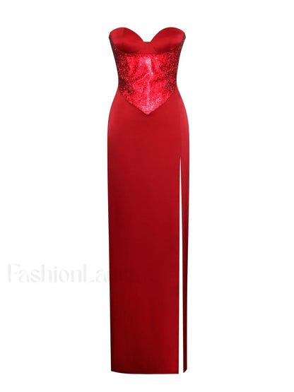 Kadesha Red Crystal High Graceful Slit Satin Corset Gown