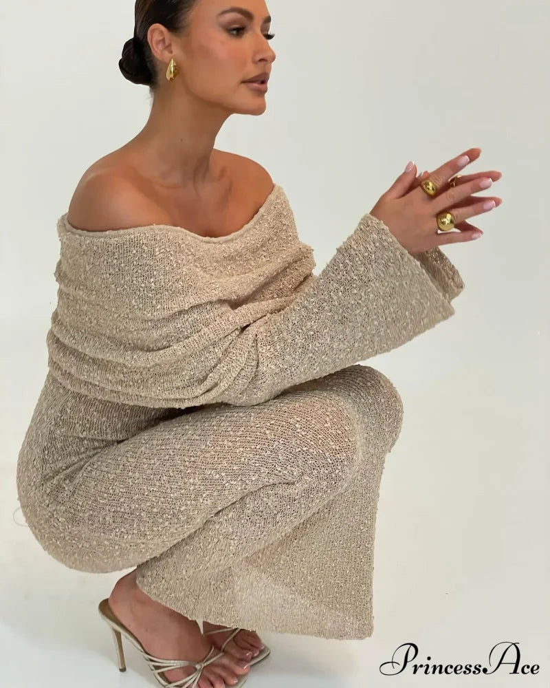 Knit Off-Shoulder Long Sleeve Maxi Dress