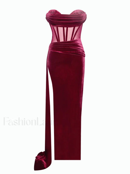 Octavia Burgundy Draping Crystal Graceful Corset High Slit Velvet Gown