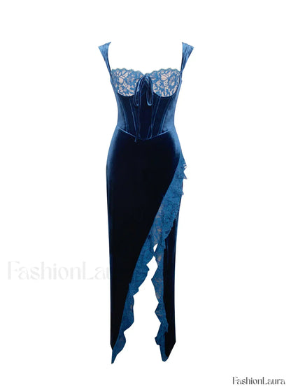 Odilia Teal Lace Charming Velvet Maxi Dress