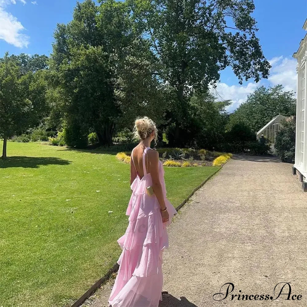 Pink Pleated Stylish Halter Maxi Dress