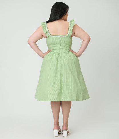 Unique Vintage Plus Size Green Gingham Sweetheart Flutter Sleeve Swing Dress