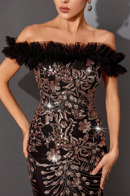 Sequin Off-the-Shoulder Fitted Mermaid Evening Dress