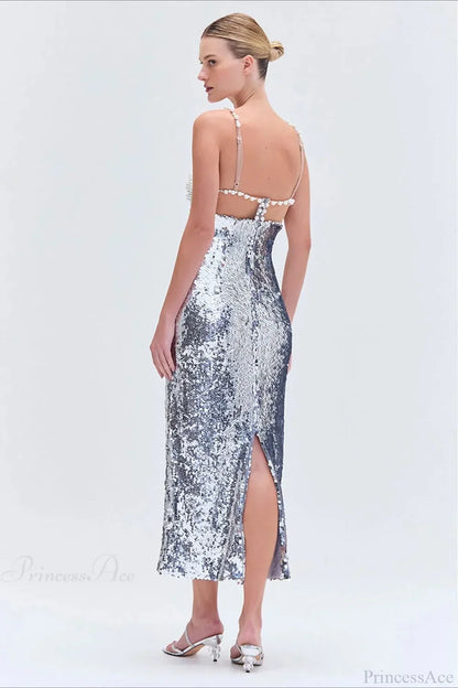 Silver Sequin Sexy Halter Backless Evening Dress