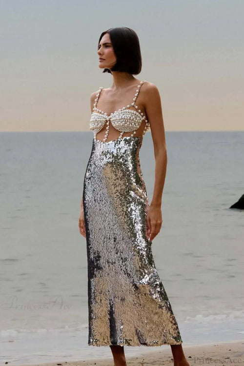 Silver Sequin Sexy Halter Backless Evening Dress