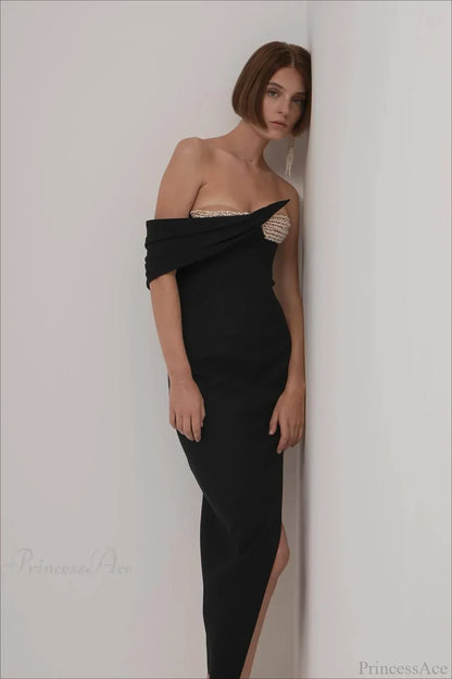 Solid Black Pearl-Cup Stretchy Bodycon Evening Dress