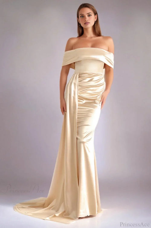 Solid Satin Off-the-Shoulder High Waist Mermaid Evening Dress