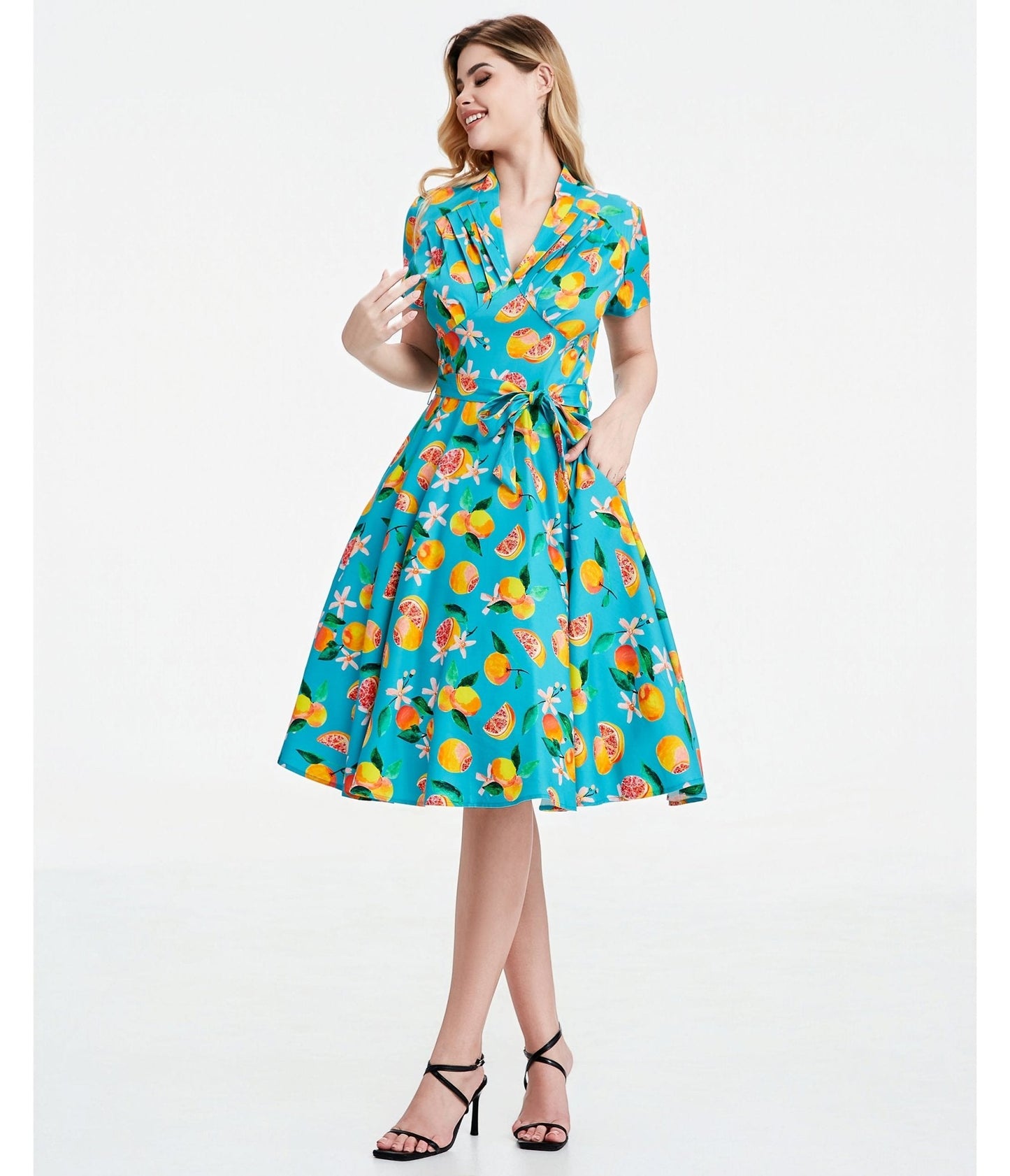 Turquoise Grapefruit Groove Rose Swing Dress
