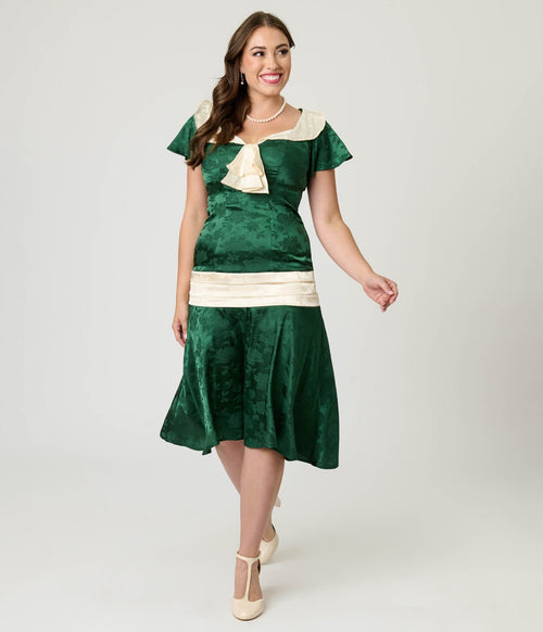Unique Vintage Green Floral Jacquard Wilshire Flapper Dress