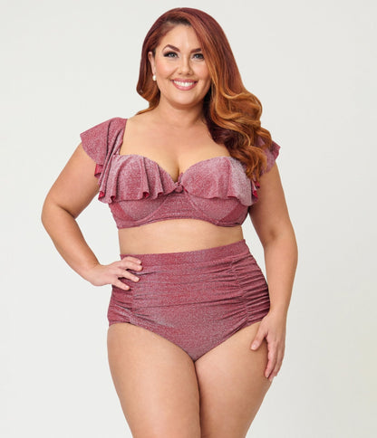 Unique Vintage Plus Size Burgundy Lurex Ruffled Cap Sleeve Frida Swim Top