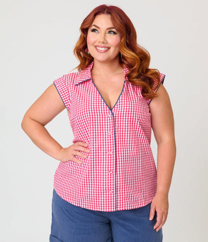 Unique Vintage Plus Size Hot Pink Gingham Cap Sleeve Top