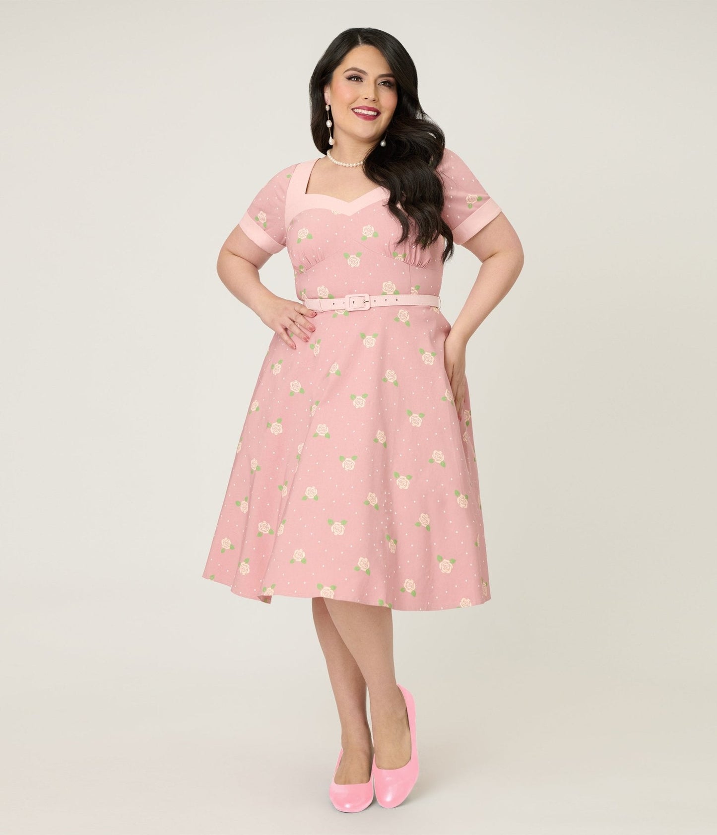 Unique Vintage Plus Size Light Pink & Roses Swing Dress